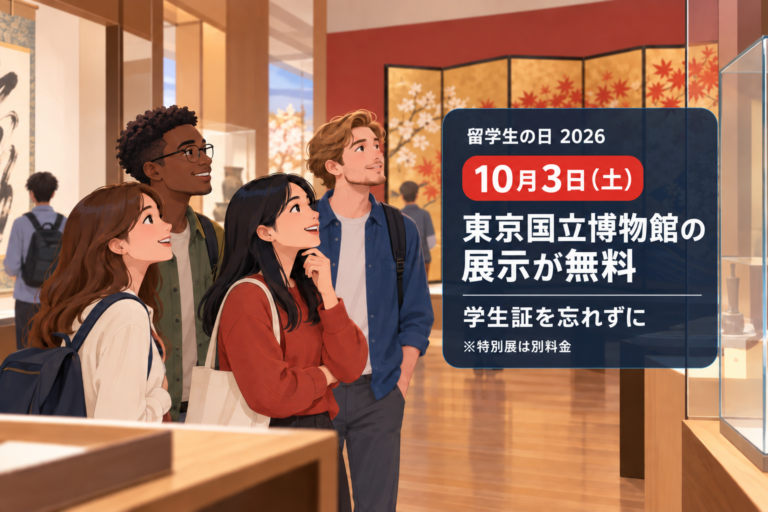 留学生の日2026―東京国立博物館の展示が無料になることを知らせる、文字を中央に配置したイラスト